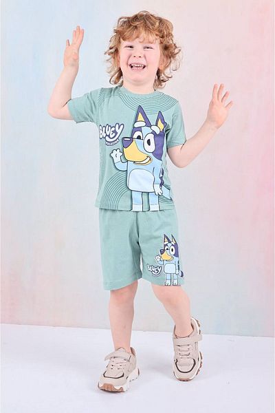 Yağmur Giyim Pjkskt Bluey Patterned Boy's Short Sleeve Suit with Green Shorts 7583-Y