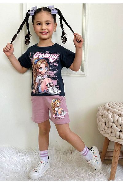 Yağmur Giyim Girl's Suit with Dried Rose Shorts 7549-Gk Creamy Pattern
