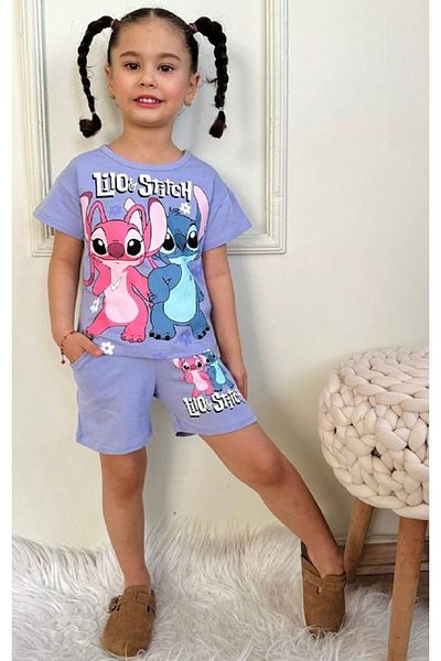 Yağmur Giyim Pjkskt Stitch Pattern Lilac Shorts Girls' Short Sleeve Set 7537-L