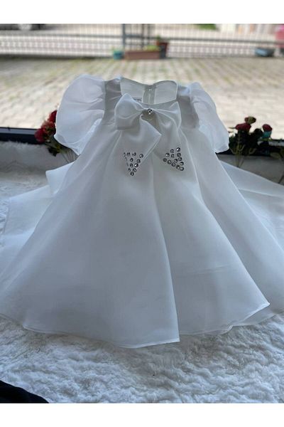Sare Çocuk Giyim Off White Bow Children's Outfit Sparkly Vip Party Evening Dress + Buckle