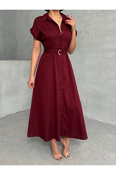 BEJNA Γυναικείο φόρεμα με ελαστικό πουκάμισο με ζώνη μπορντό