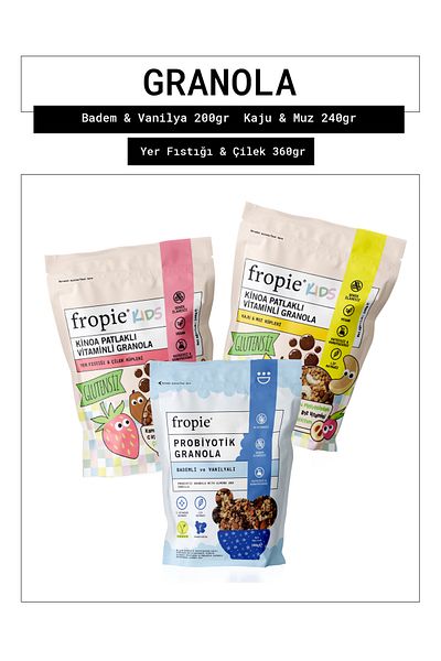 FROPİE Fropie Almond & Vanilla - Kids Cashew & Banana Cubes - Kids Peanut & Strawberry Cubes Granola Set of 3