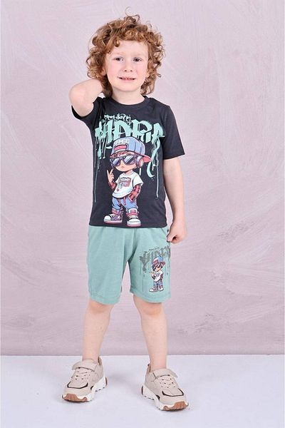 Yağmur Giyim Pjkskt Rapper Kids Pattern Green Shorts Boy's Short Sleeve Suit 7584-Y