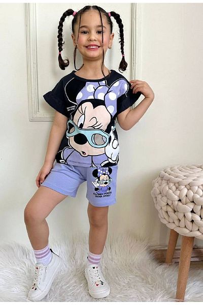 Yağmur Giyim Minnie Mause Patterned Blue Short Sleeve Set - Girl's Shorts 7551-L