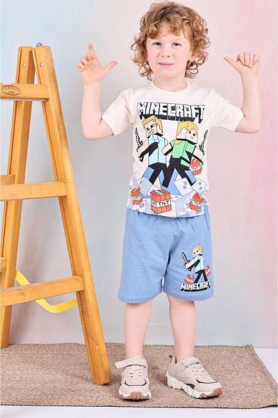 Yağmur Giyim Pjkskt Minec Patterned Blue Shorts Boy's Short Sleeve Suit 7525-m