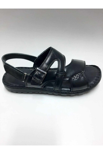 EMRE AYAKKABI Genuine Leather Orthopedic Buckle Black Men's Sandals