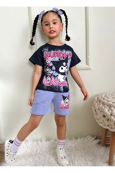 Yağmur Giyim Pjkskt Kuromi Pattern Lilac Shorts Girls Short Sleeve Set 7533-L