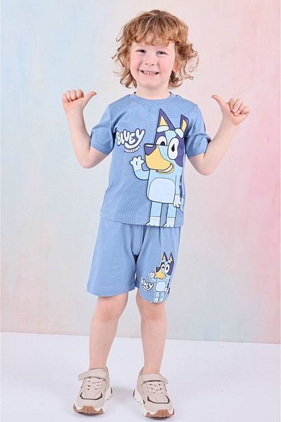 Yağmur Giyim PJKSKT Costum cu mânecă scurtă pentru băiat cu model albastru și pantaloni scurți albaștri 7583-M