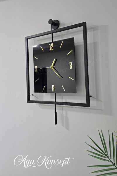 AGA KONSEPT Siyah Quadro KARE Nero Orta Boy, Modern Dekoratif Sarkaçlı Metal Duvar Saati