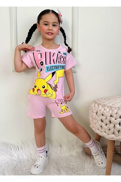 Yağmur Giyim Pjkskt Pikachu Patterned Pink Shorts Girl's Short Sleeve Suit 7569-P