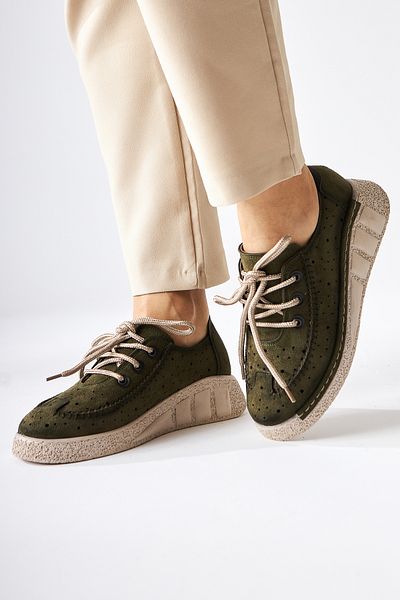 Limoya Καθημερινά γυναικεία παπούτσια Juli Khaki Suede Lace-Up