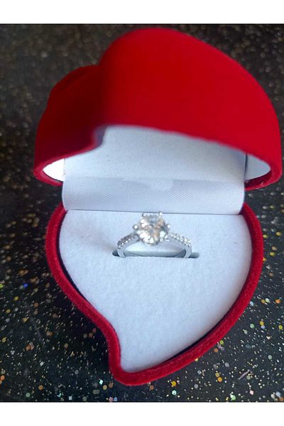 JUPİTER HOME Steel Silver White Solitaire Ring in a Box with Hearts and Red Roses Birthday Gift for Lover Friend