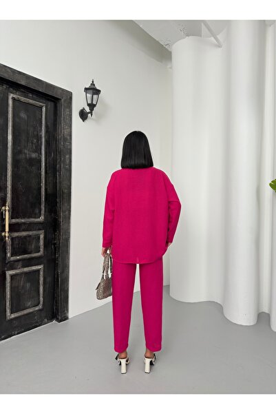 alenmoda Women's Double Linen Shirt Pants Bottom Top Set