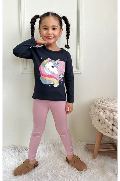 Yağmur Giyim Pjkt Unicorn Patterned Black Dusty Rose Cotton Tights Girl's Set 3-10 Years 7502-Gk