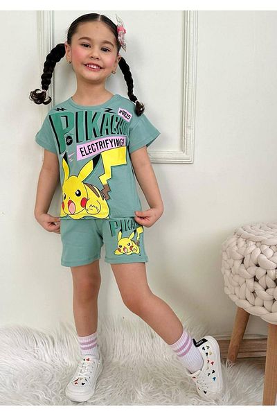 Yağmur Giyim Pjkskt Girls Short Sleeve Set with Pikachu Pattern Green Shorts 7569-Y
