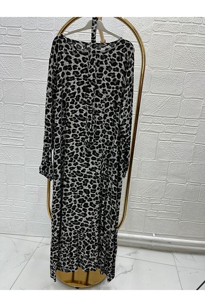 Zeynep Butik Viscose Fabric Leopard Patterned Dress 1688