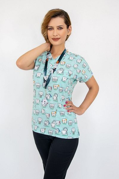 Nur Medikal Giyim Uniformă de asistentă din Lycra cu model de dinți verzi - Scrubs Greys