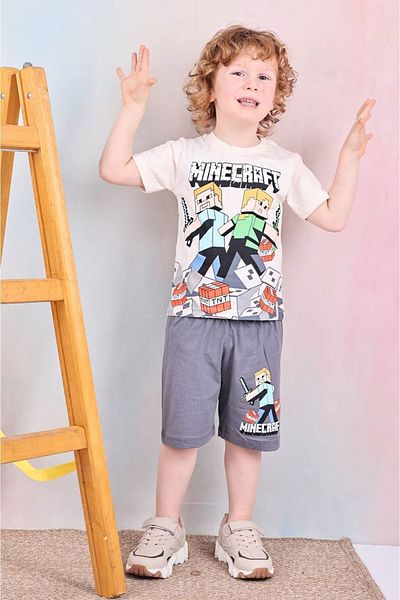 Yağmur Giyim Pjkskt Minec Pattern Smoked Shorts Boy's Short Sleeve Suit 7525-F