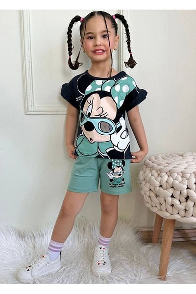 Yağmur Giyim Pjkskt Minnie Mause Patterned Green Shorts Short Sleeve Suit for Girls 7551-Y