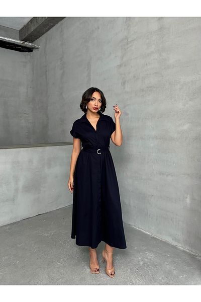 BEJNA Marineblaues, elastisches Hemdkleid mit Gürtel für Damen