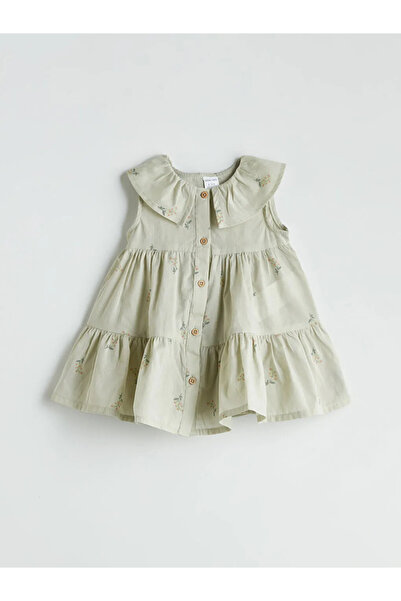 LC Waikiki LCW бебешка зелена рокля с набрана яка за момиченца