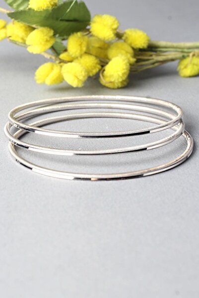 BY BARUN SİLVER Ajda Bilezik Kibrit Çöpü Halka 925 Ayar Gümüş 3 'lü Bilezik