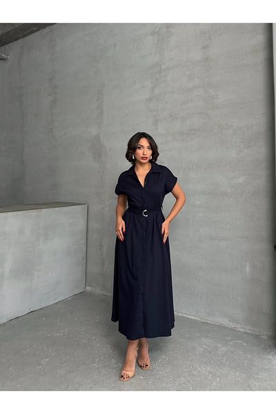 BEJNA Marineblaues, elastisches Hemdkleid mit Gürtel für Damen