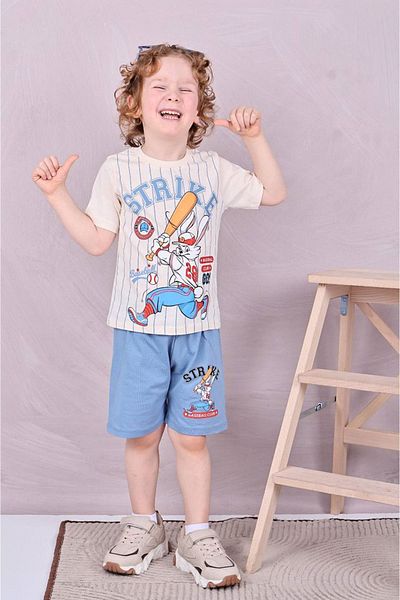Yağmur Giyim PJKSKT Set de mâneci scurte pentru băiat cu model Rabbit Strike, pantaloni scurți albaștri 7591-M