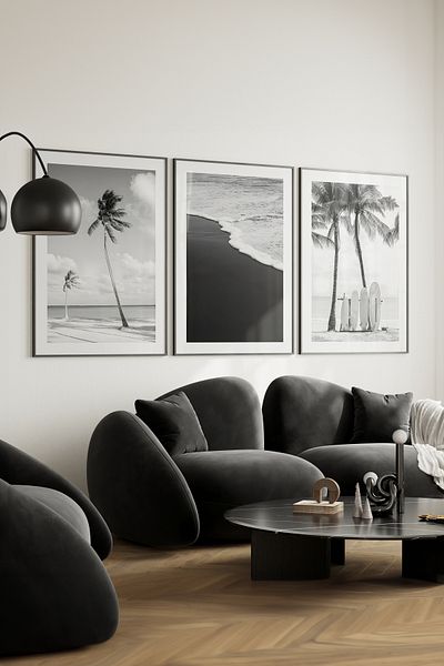 Home 3-Piece Black and White Beach Set, Bedroom Decor, Kitchen, Living Room Wall Decor Frameless