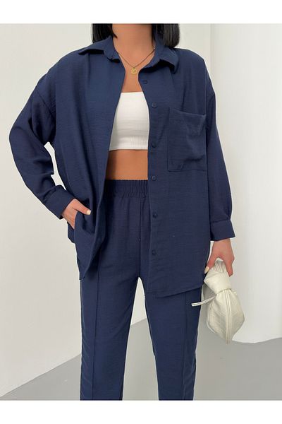 alenmoda Women's Double Linen Shirt Pants Bottom Top Set