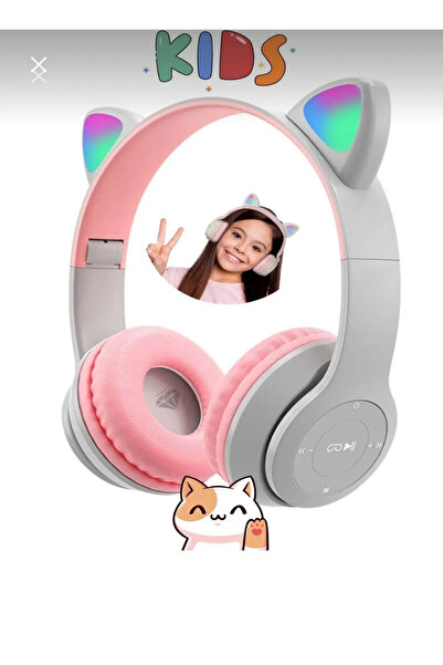 DÜNYA AKSESUAR Gri Renk Şıklı Kablosuz Bluetooth Kafa Üstü Kedi Desenli Kulak...