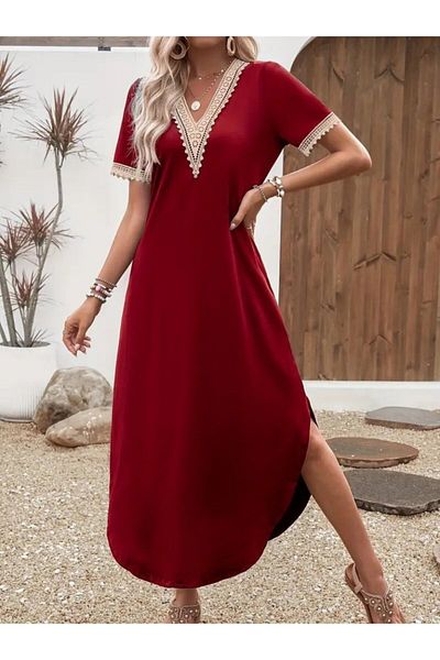 Kokosh moda Rochie de damă cu mânecă scurtă din dantelă, cu decolteu în V, lungă din viscoză