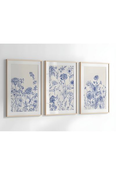 Home Artă de perete botanică albastră Decor de perete de inspirație chineză, set de 3 set de postere fără încadrare