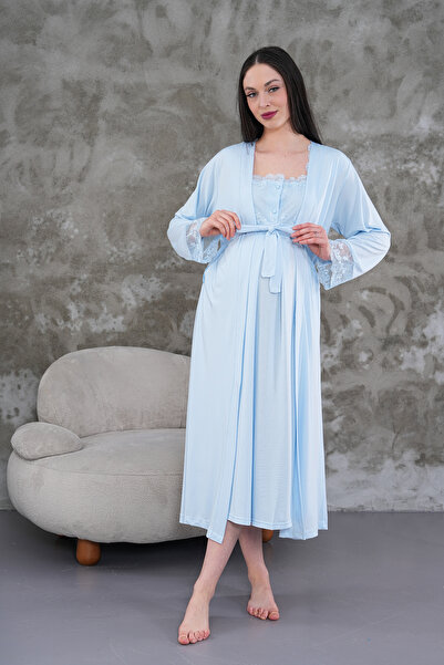 CT MODA Lohussa Kadın Mavi Tasarım Yazlık Pamuk Hamile Lohusa Sabahlık, Pijama Takımı, Gecelik 4'lü Set