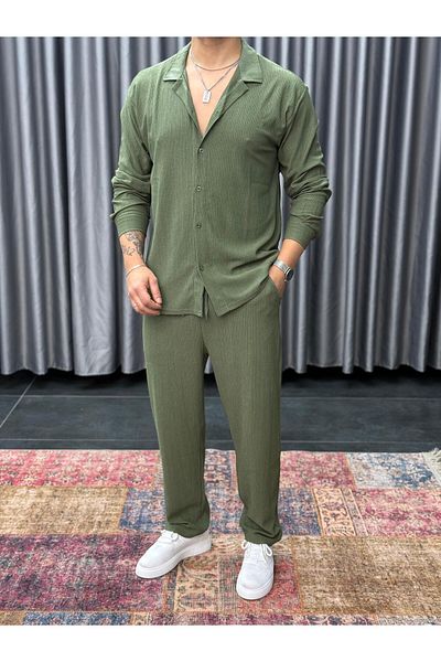 Nyda Collections Men's Crinkle Suit Buttoned Shirt and Lace-Up Trousers Summer Suit Double Pocket Crinkle Fabric
