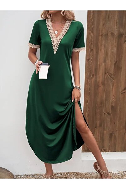 JANES Women's Short Sleeve Lace V Neck Long Viscose Dress