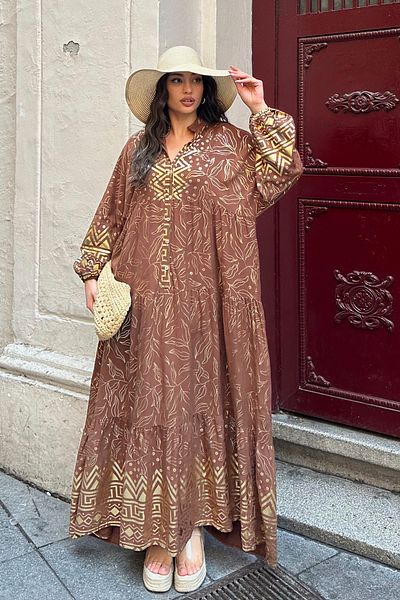 ASEDE 100% Viscose Bohemian Alaçatı Dress V-Neck Ethnic Patterned Viscose Dress Suitable for Hijab