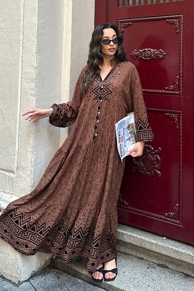 ASEDE 100% Viscose Bohemian Alaçatı Dress V-Neck Ethnic Patterned Viscose Dress Suitable for Hijab