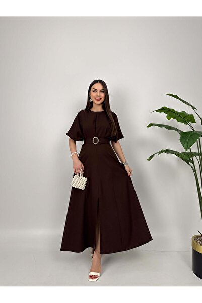 Glysso Kemerli Yarasa Kol Acı Kahve Midi Davet Elbisesi
