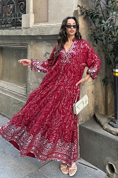 ASEDE 100% Viscose Bohemian Alaçatı Dress V-Neck Ethnic Patterned Viscose Dress Suitable for Hijab