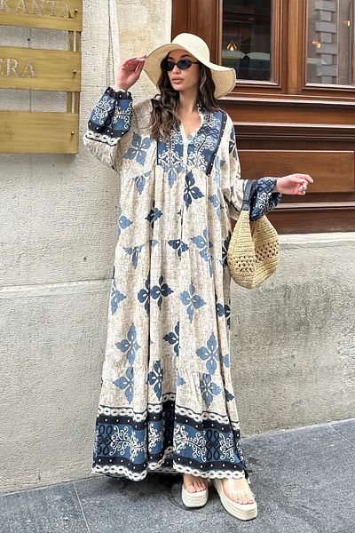 ASEDE 100% Viscose Bohemian Alaçatı Dress V-Neck Ethnic Patterned Viscose Dress Suitable for Hijab