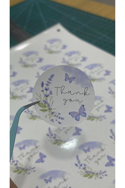 ARLetikettasarım Thank You Written Purple Floral Gift Package Ornament Tag 4X4 cm 24 Pieces - Butiksosyal