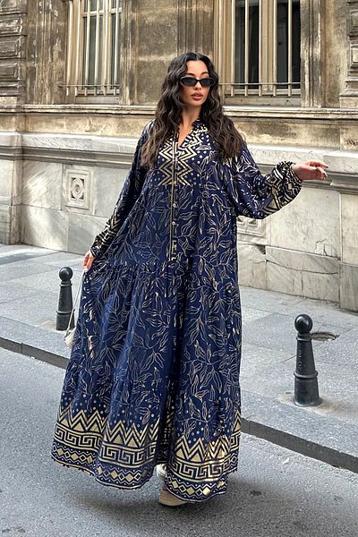 ASEDE 100% Viscose Bohemian Alaçatı Dress V-Neck Ethnic Patterned Viscose Dress Suitable for Hijab