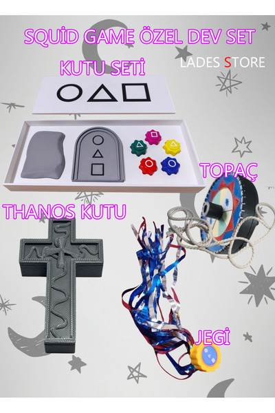 Lades Squid Game Özel Dev Seti Thanos Kolye Kutusu, Jegi ,Topaç ,Beyaz Kutu Seti