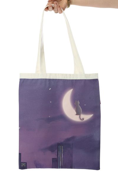 Baghashtag Cat Sitting on the Moon Printed Cloth Bag