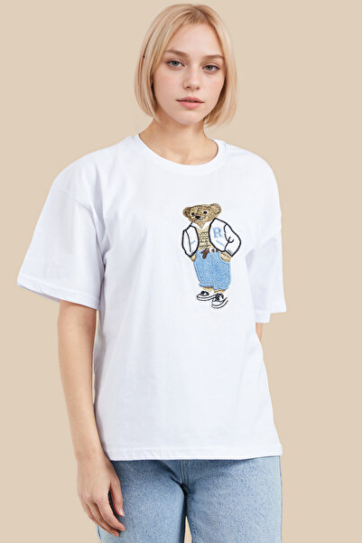 Caddebostan Moda Tricou oversize brodat cu ursuleț Tricou larg și lejer