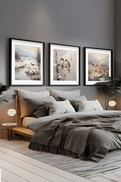 STARYUNA Yağlı boya efektli kış manzaralı kuşlu vintage siyah ahşap çerçeveli 3'lü tablo seti Yuna126