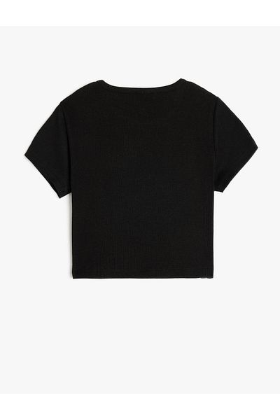 Koton New Season Crew Neck Short Sleeve Cotton Slogan Printed Crop T-Shirt