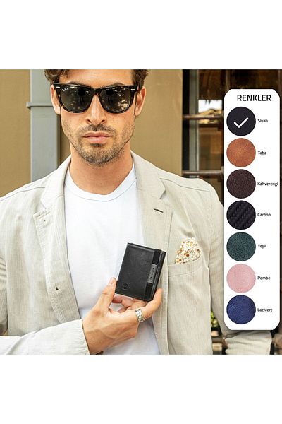 Trusador Marseille Black Zippered Genuine Leather Wallet with Mirror Elastic Rfid Protection Men Women