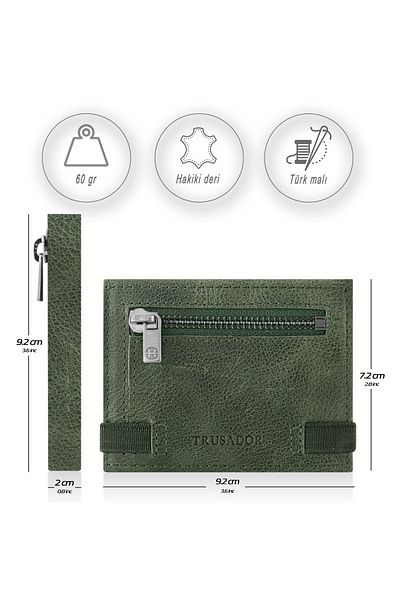 Trusador Marseille Green Zippered Genuine Leather Wallet with Mirror Elastic Rfid Protection Men Women